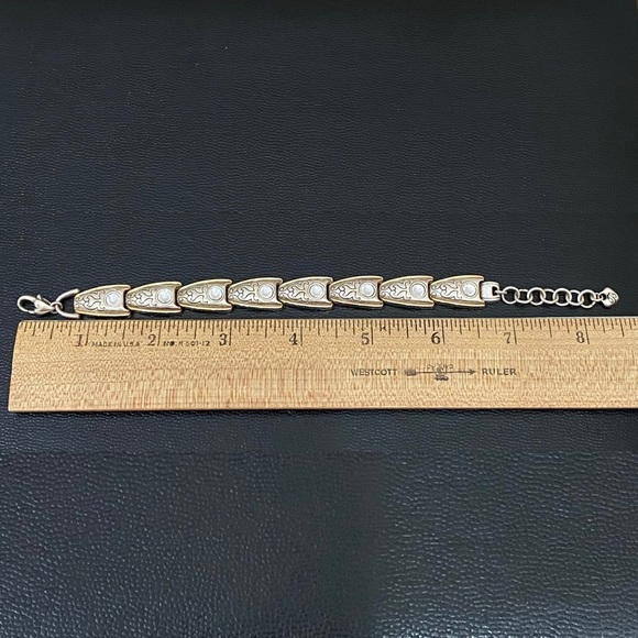 Retired Vintage BRIGHTON 2-tone Gold & Silver Rhinestone Ornate Link Bracelet - Picture 12 of 16